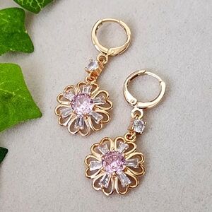 Gold Flower Huggie Hoop Earrings with Pink and Clear Crystal Stones
